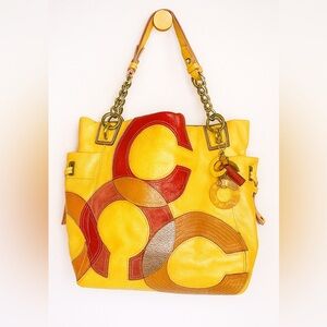 Rare vintage coach yellow patent leather suede CC tote with bag charm
